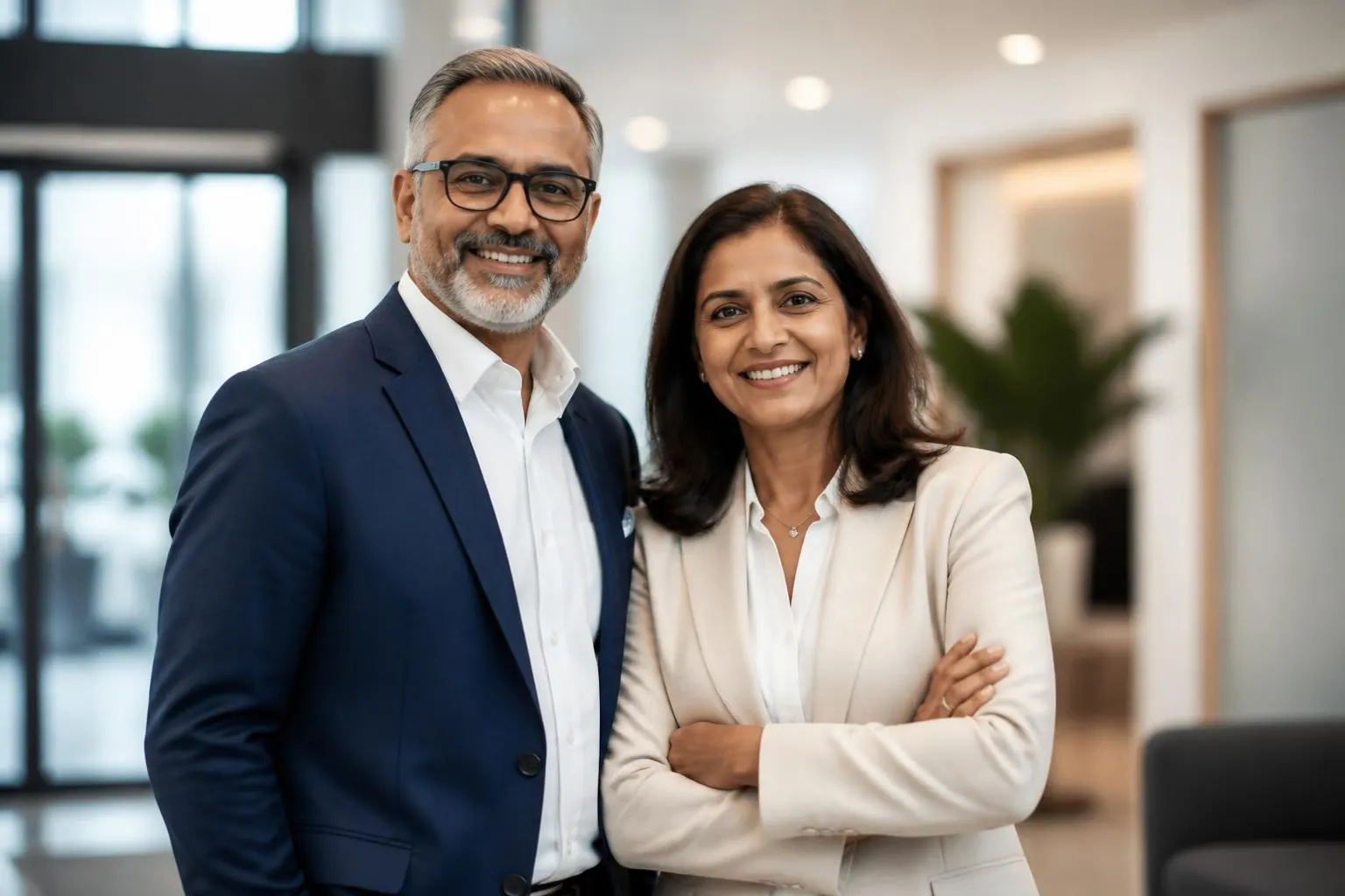 British-born Indian business owners in their 50s planning their retirement together